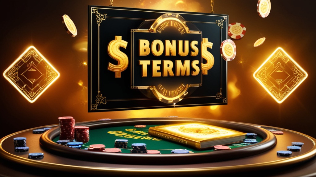 Casino bonus terms display with a rule book and chips on a table