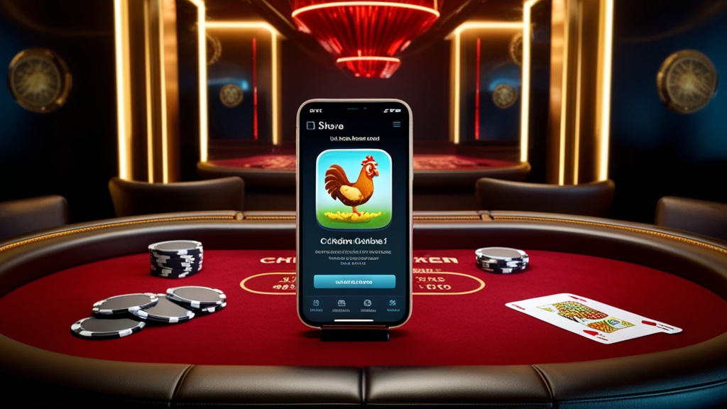 iPhone showing a Chicken Road app download page in a neon casino setting