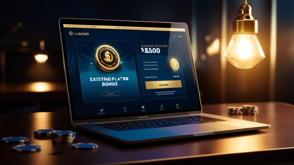 Laptop showing an existing-player bonus notification in a dark casino scene