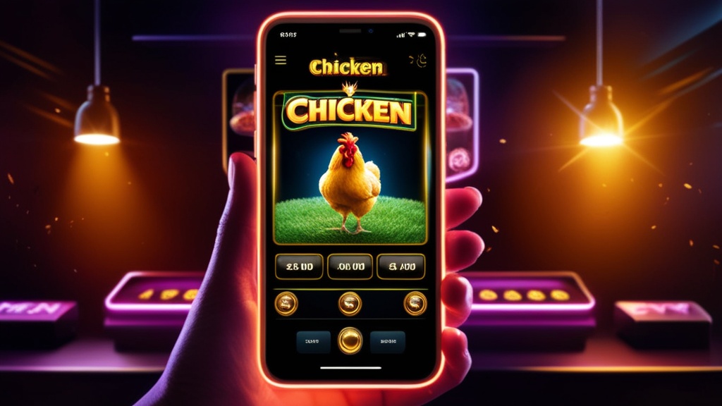 iPhone showing a chicken-themed casino game interface with neon lights
