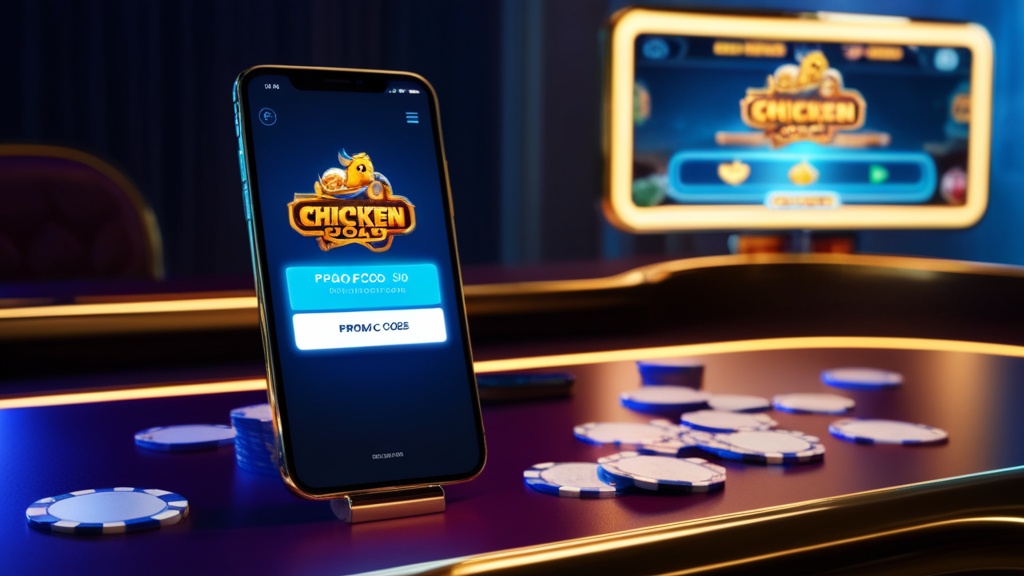 Neon casino desk with a promo code field and chicken road game screen