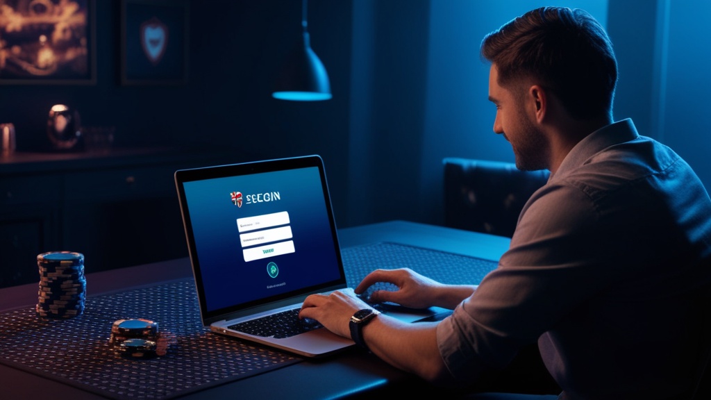 UK player checking login requirements on a laptop in a dark room
