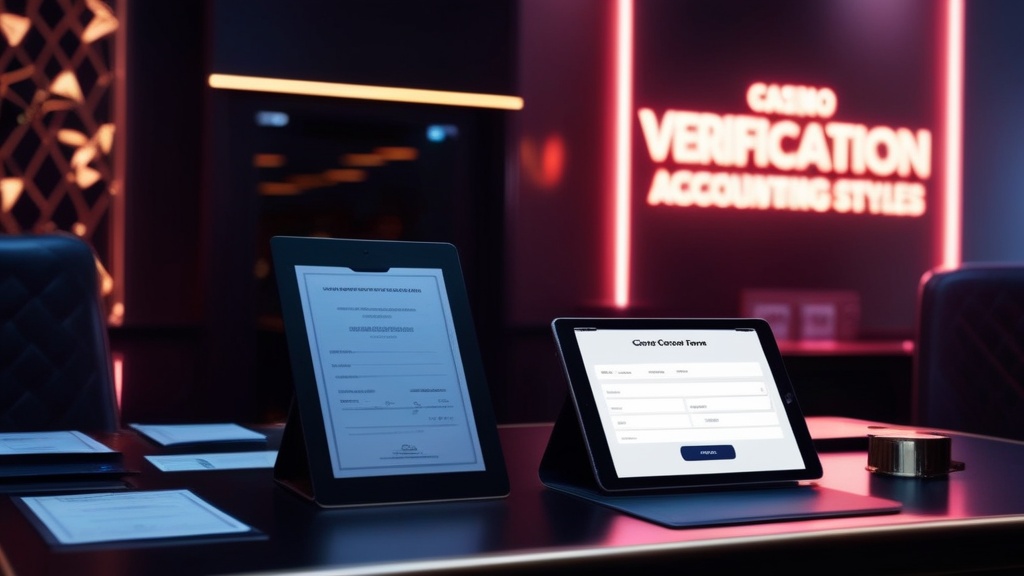 Withdrawal verification desk with documents and payout form in a dark casino scene